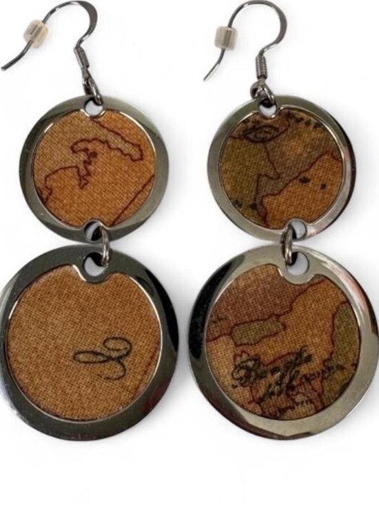 Alviero Martini Jewelry - Alviero Martini Round Double-Drop Map Print Dangle Earrings - Brown & Silver! 💥